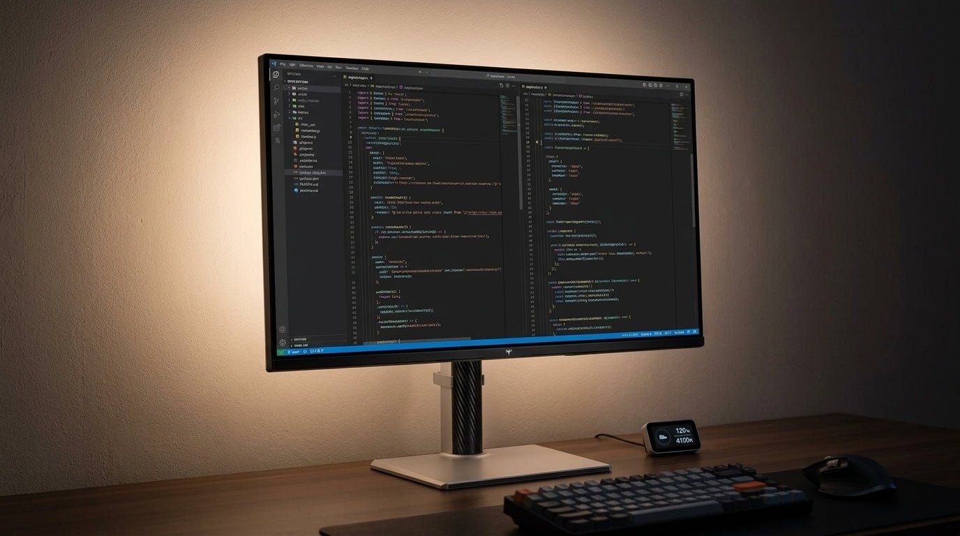 A developer's desk at night with a laptop, warm desk lamp and code on screen