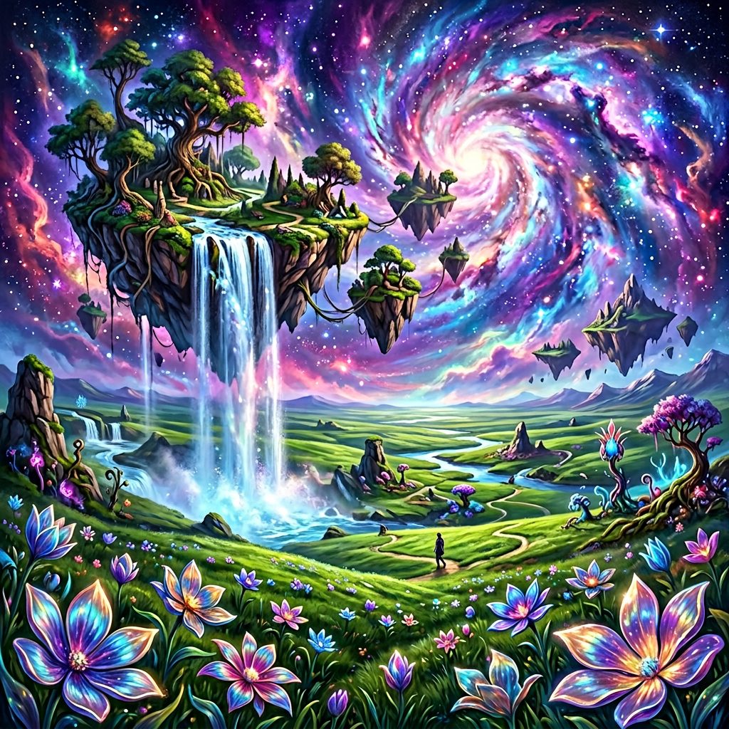 A surreal AI-generated 3D landscape with floating terrain and vivid colours